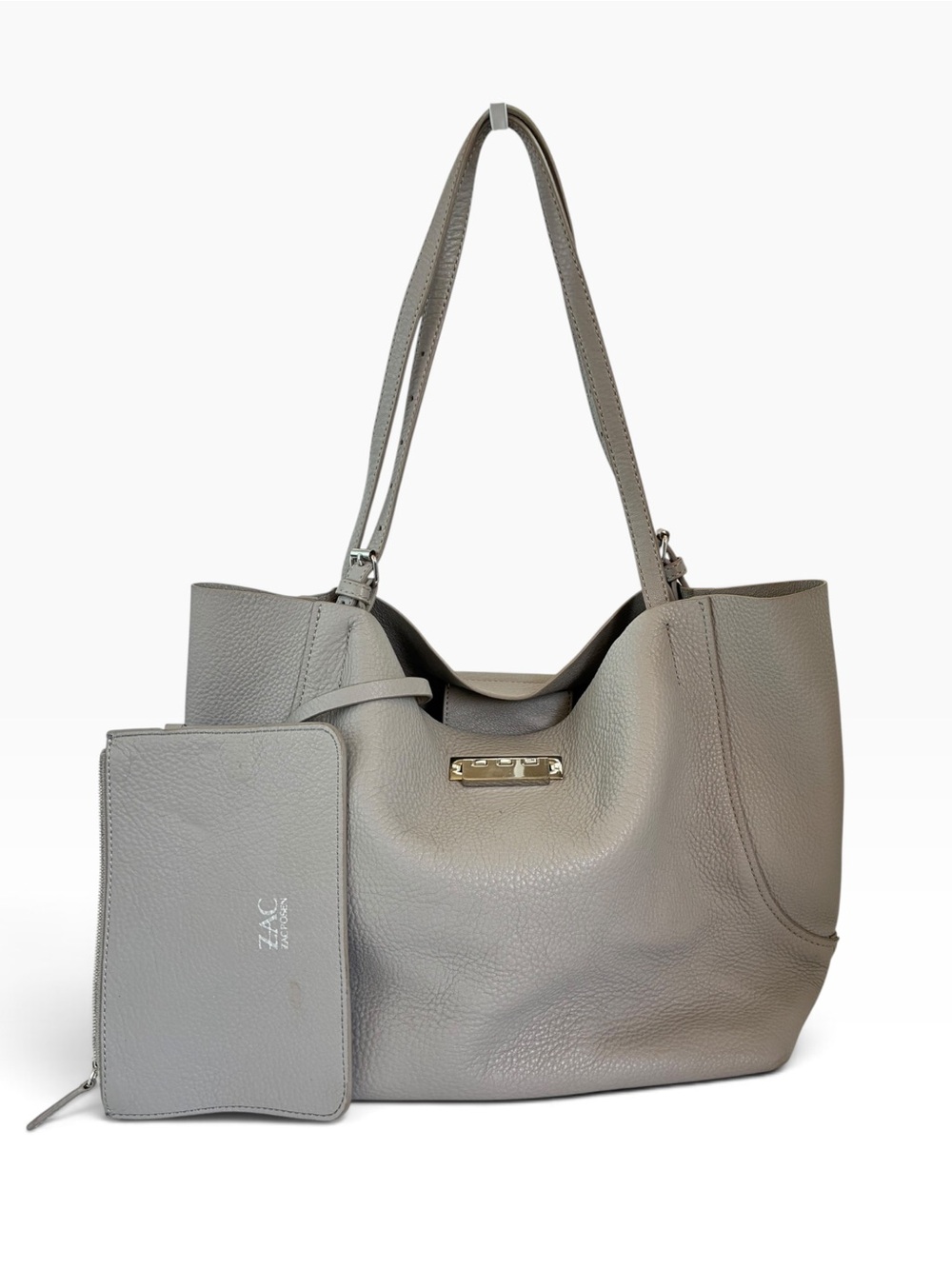 ZAC Zac Posen Pebbled Leather Tote in Light Gray with Wristlet